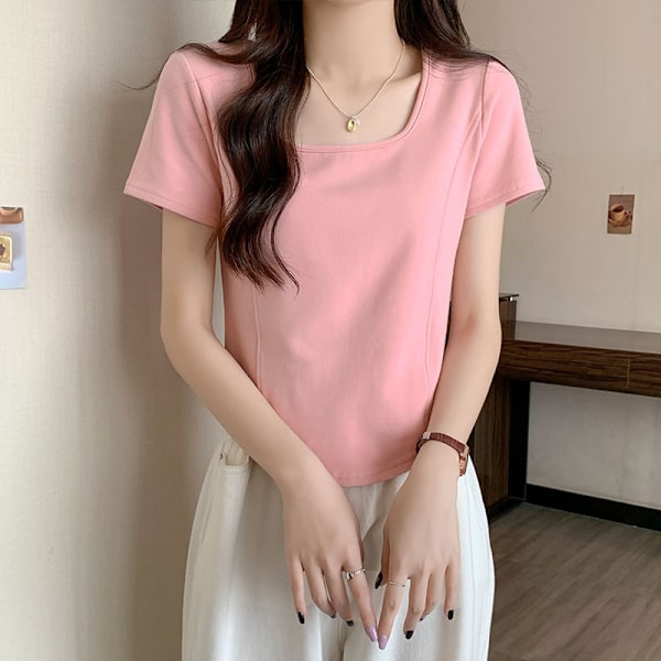 Skulder Kvadrat Krave Korthærmet T-shirt Kvinders Ren Bomuld Sommer Design Sense Slim-fit All-match Ren Spice Girl Kort T-shirt Top Pink XL