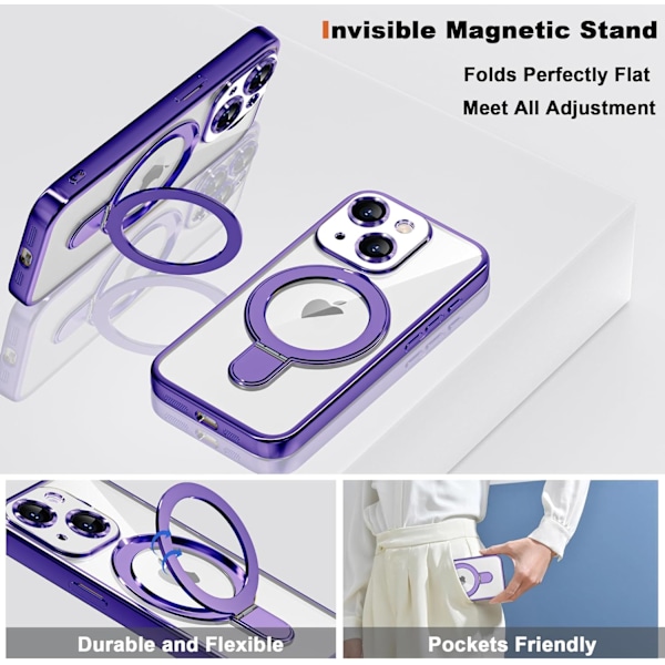 iPhone 14 Skal med Osynlig Magnetisk Ringstativ [Kompatibelt med Mag-Safe] [Fullständigt Kameralinsskydd] Pläterad Klar för iPhone Purple