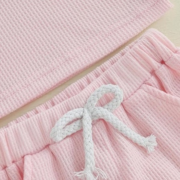 Sommarkläder för små flickor, våfflad topp med 3D-blommor, kortärmad, shorts med resår i midjan, söta babykläder pink 18-24M