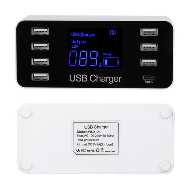 Samtidig 7 USB+1 USB ladestasjon med LCD hurtiglading Smart USB Hub