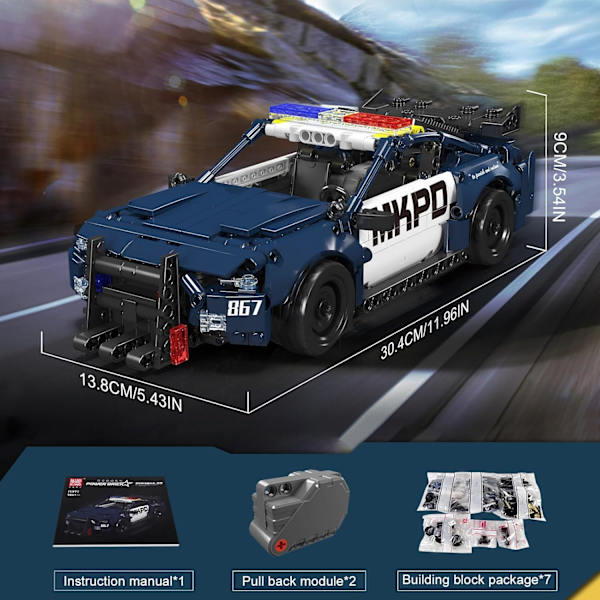 15073 Barricade Polisbil Byggsatser, MOC Deformerad Mustang Pull-Back Drag Race Leksaksbil Modellkit, (786 Bitar, Dynamisk Version)