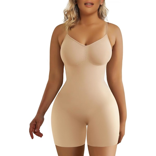 Kvinnors Shapewear Bodysuit Tummy Control Body Shaper Seamless Sculpting Snatched Waist Body Suit Beige Mid Thigh L