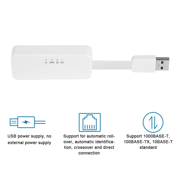 Hvid USB3.0 til netværksgrænseflade Gigabit-kabelkort Ethernet-portkonverteradapter