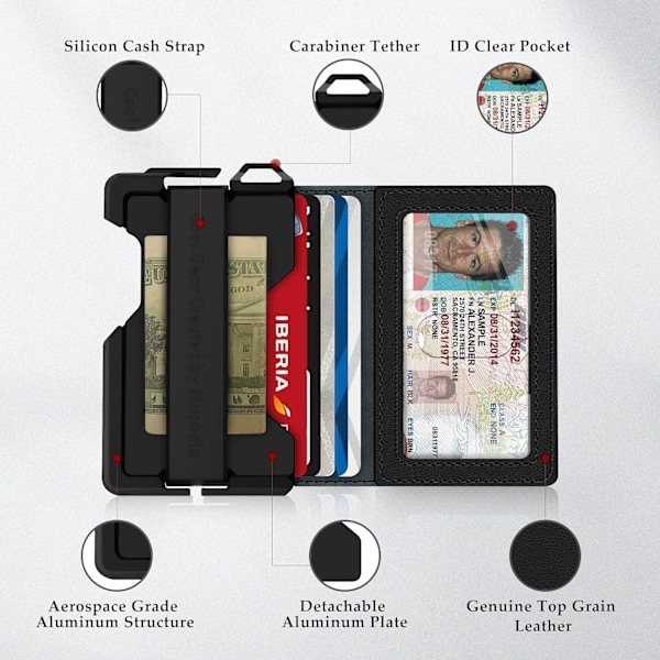 Taktisk minimalistisk plånbok för män, smal RFID-blockerande metallkortfodral, främre ficka Menu2019s läder Dapper Bifold-plånbok med pengaclip Black