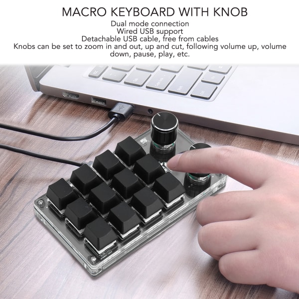 Støtte for mekanisk tastatur med 12 taster Kablet USB Trådløs Bluetooth DIY Programmerbart Rød Switch Makro Keyboard med 2 knotter for spill