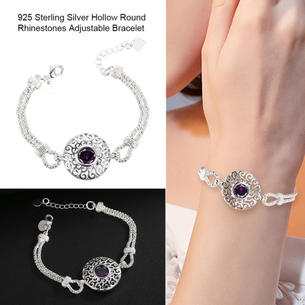 925 Sterling Sølv Hul Runde Rhinestones Dame Justerbar Armbånd Smykke Tilbehør