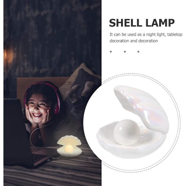 Keramisk Skal Pärllampa, Vit LED-mussla med Pärllampa i Skallampa för Bordsprydnad, Souvenir, Födelsedagspresent