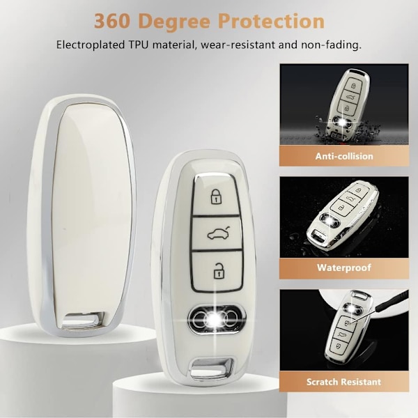 PIFOOG Hvid nøgle fob cover til Audi tilbehør 3 knapper blød TPU nøgler etui skal bling nøglering snor beskyttelse pige kvinder