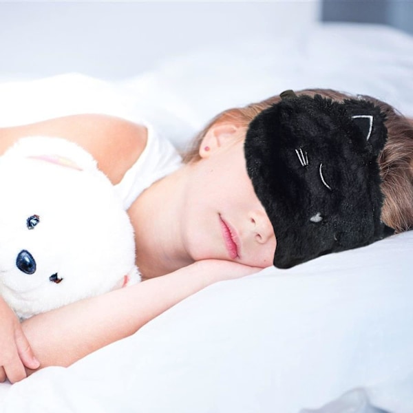 Sød Sovemaske, Sort Kat Blød Plysset Fluffy Sovemaske Sjove Tegneserie Killinger Blindfold Nyhed Øjenmaske Øjenskygge til Børn