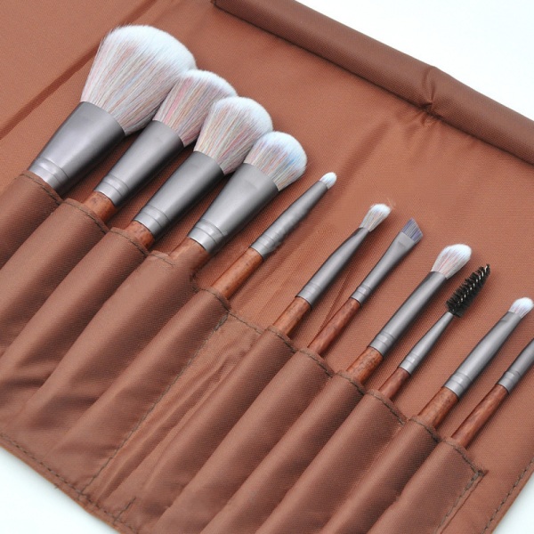 11 set + brun PU-väska imiterad mahogny sandelträ handtag ögonborste 3D skönhetssminkverktyg