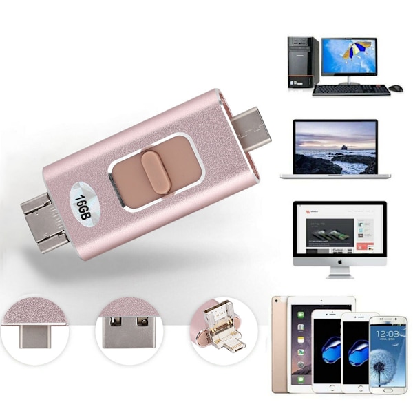 16G Type-C USB Lightning USM 4-in-1 U-levy sopii iPhone-, iPad- ja Android-laitteille (ruusukulta)