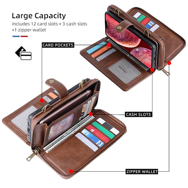 Plånboksfodral med kortfack och justerbart crossbody-snöre till iPhone 14, PU-läderfodral med stativ och kortfack