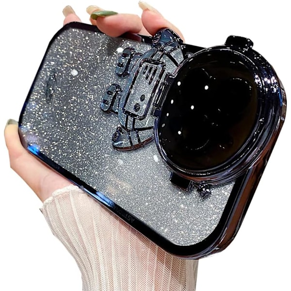 Astronautti Piilotettu Jalusta Puhelinkotelo iPhone 16 promaxille Kameran Suojalla Ylellinen Glitteri Bling 6D Galvanoidulla Kirkkaalla Pehmeällä TPU Suojalla A Black