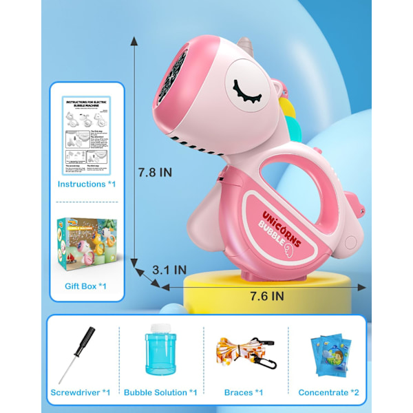 Bubbelmaskingevär med Ljus och Musik, Portabel 360° Läcksäker Automatisk Bubbelmaskin för Barn Småbarn 1-3 4-8 Fester, Bubbl pink