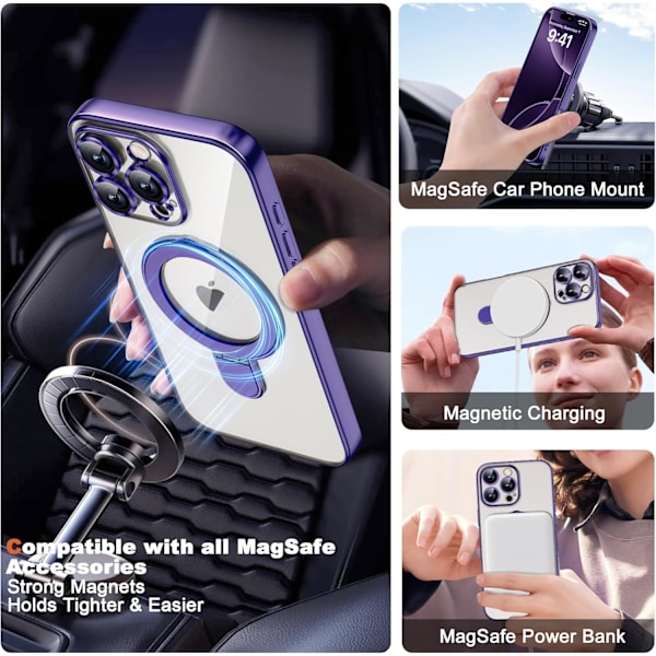Kompatibel med iPhone 16promax Cover med Magnetisk Ring Stand [Kompatibel med Mag-Safe] [Fuld Kameralinse Beskyttelse] Belægning Klar Purple