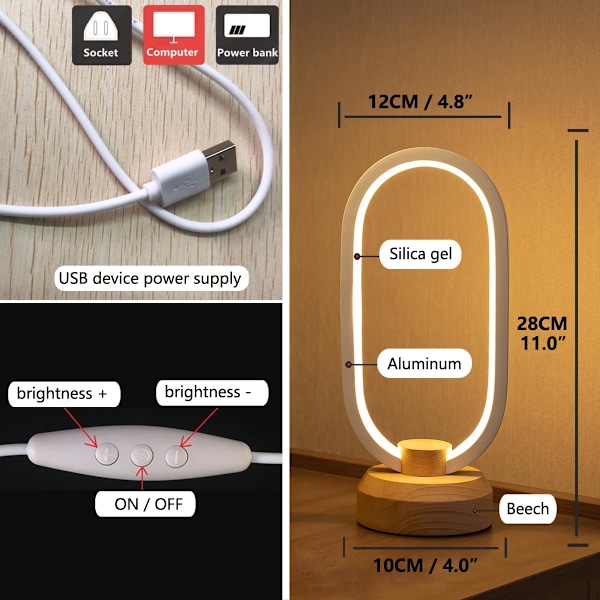 Sängbordslampa Sovrum Modern Oval Nattduksbordslampor, Liten LED Bordslampa, Varmvitt 3 Färgtemperaturer, Dimbar Belysning med U
