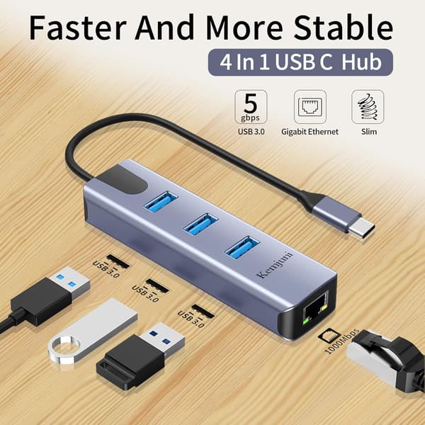 USB C til Ethernet-adapter 4-i-1 aluminium USB C til Ethernet-adapter, med 3 USB 3.0-porter, til MacBook Pro 2019/2018/2017, Chromebook, Linux