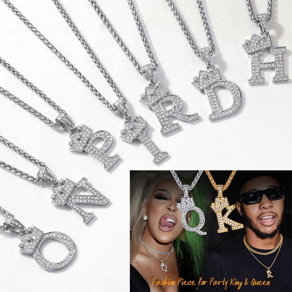 Krona Initial A-Z Halsband, Iced Out Letter Hänge med 22-24 Tums Kedja, Män Kvinnor Bling Hip Hop Alfabet Namn Smycken Present Stora Initialer Halsband X Silver