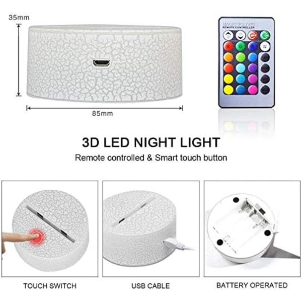 3D LED Illusionslampa, Nattlampa 16 Färger Dimbar USB-driven Touch Jul-Födelsedagspresent för Barn med Fjärrkontroll Raiders