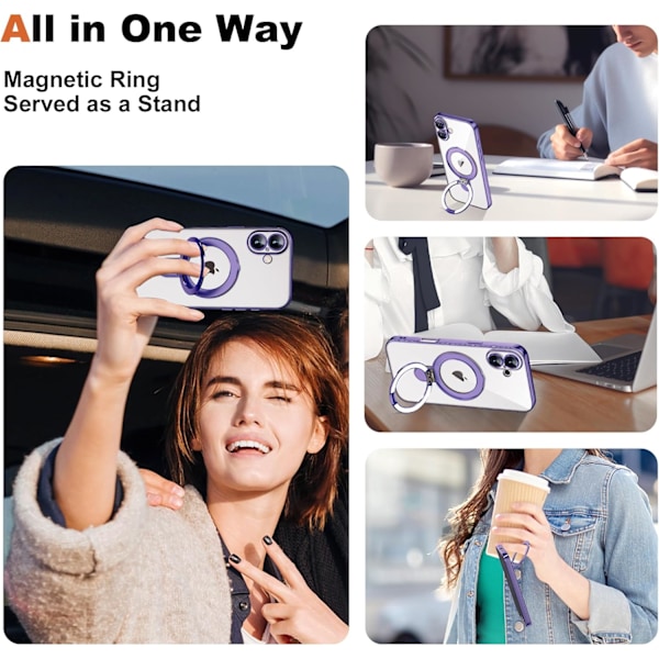 Kompatibel med iPhone 16 Plus Cover med Magnetisk Ring Stand [Kompatibel med Mag-Safe] [Fuld Kameralinse Beskyttelse] Belægning Klar Ph Purple