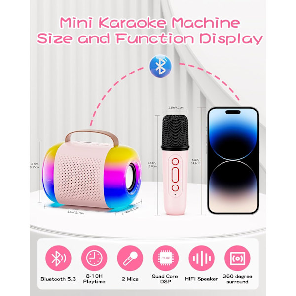 Mini Karaoke-maskine til børn og voksne, bærbar Bluetooth-højttaler med 2 trådløse mikrofoner og LED-farvede lys, fødselsdagsgaver