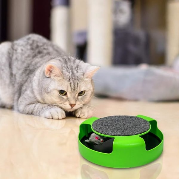 Interaktivt katteleketøy, fang musen katteleketøy med en løpende mus og en skrapeplate, katteskraper kattemynteleketøy, kvalitets kattungeleker, grønn
