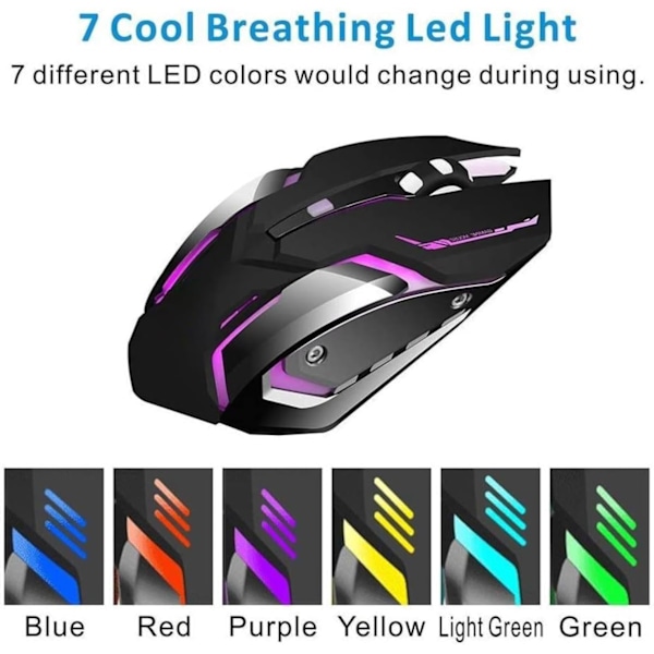 Laderbar Trådløs Bluetooth Spillmus med 7-farget Regnbue RGB Pustelys og Justerbar DPI - Ergonomisk grep, Stille Klikk