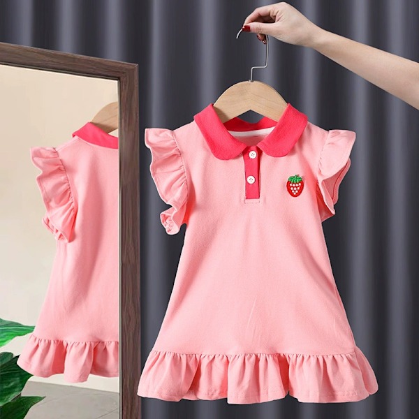 Baby Pigekjole Sommer Pink Sød Elegant Prinsessekjole POLO Stil Fødselsdagsfest Tøj 1-4 År Gammel 80cm