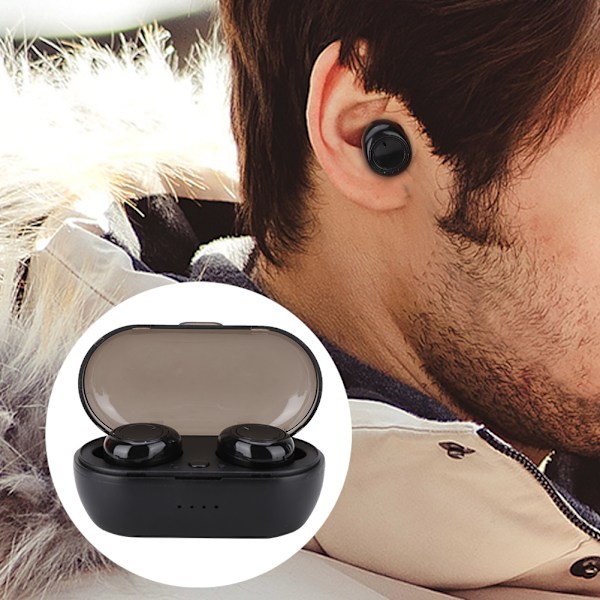 Bluetooth-øretelefon 5.0 Mini trådløst headset Sport Earbud med ladeboks (svart)