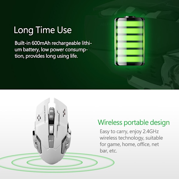 Bärbar tyst laddningsbar 2400DPI USB 2.4GHz trådlös optisk spelmus för PC bärbar dator vit