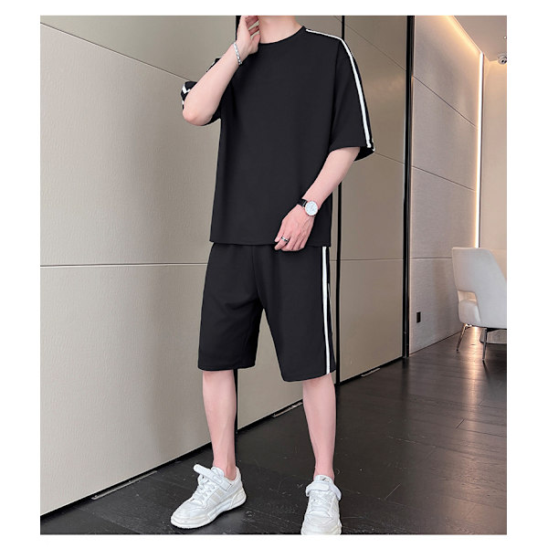 Høj kvalitet afslappet jakkesæt til mænd sommer enkel high-end kortærmet shorts moderigtig matchende T-shirt sportstøj Black 3XL
