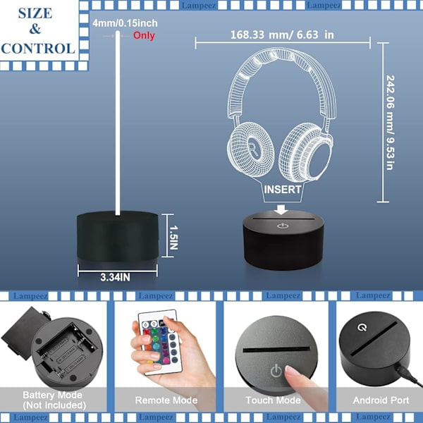 Barn 3D Hörlurar Nattlampa Headset Optisk Illusion Hörlurarlampa Hörlurar med 16 Färger Fjärrkontroll Bytande Födelsedag Jul Alla hjärtans dag