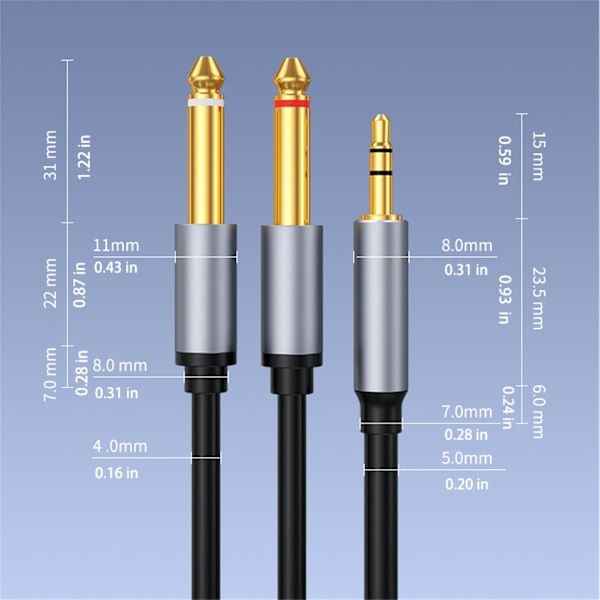 3,5 mm TRS til dobbel 6,35 mm TS-kabel, mono stereo Y-splitterkabler, hann til hann plugg lydkabel, 1/8\" til 1/4\" lydkabeladapter 3.3Ft/1M