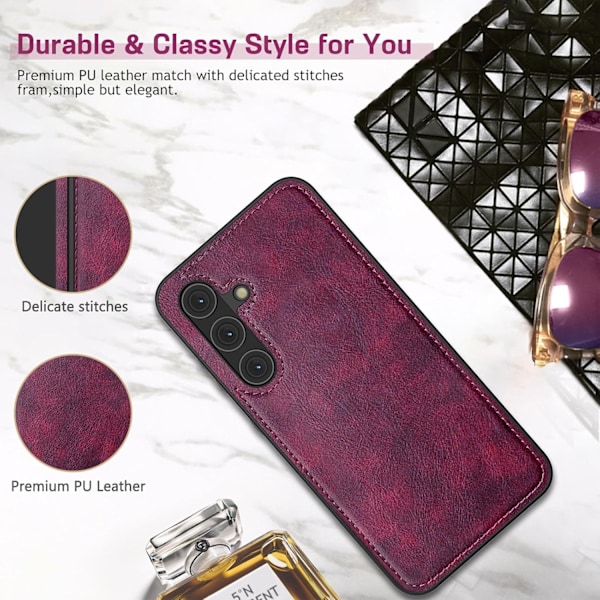 Samsung Galaxy S24 6.2 tum Skal, Premium Läder Klassisk Lyx PU Halkfritt Grepp Robust Stötfångare Stöttåligt Fullständigt Kroppsskyddande Skal Magenta