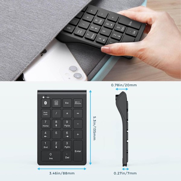 Bluetooth-nummertastatur, trådløst numerisk tastatur med oppladbart batteri, 22 taster, bærbar, slank numerisk tastatur, finansiell regnskap Bluetooth 10-tasters