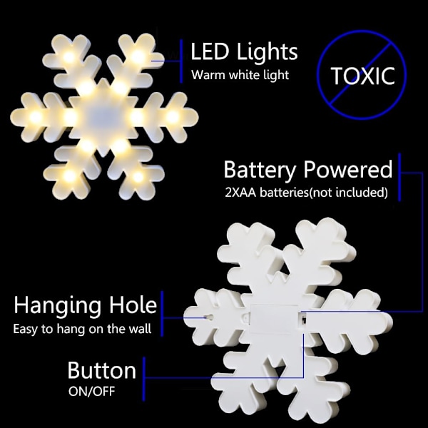 Snøflagg Marquee Skilt Julelys, LED Nattelykter Bord- & Vegglampe for Soverom, Barnerom, Barnerom, Hjem, Hvit Snøflagg