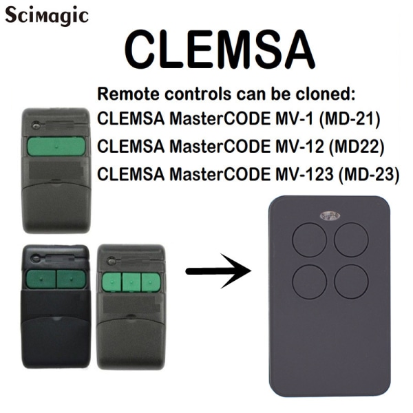 Kompatibel med Clemsa MasterCode MV-1 (MD-21)/MV-12 (MD22)/MV-123 (MD-23) fjernkontroll 433MHz garasjeportåpner for å starte håndtaket til