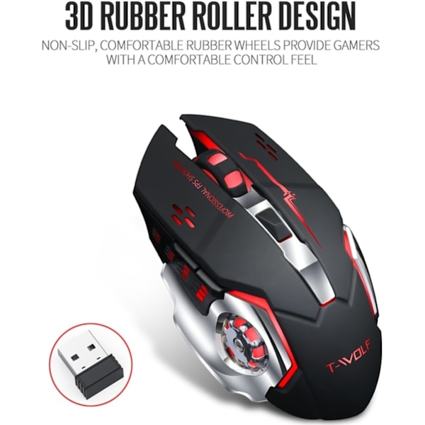 Opladelig Trådløs Bluetooth Gaming Mus med 7-Farvet Regnbue RGB Åndedrætsbelysning og Justerbar DPI - Ergonomisk Greb, Lydløs Klik