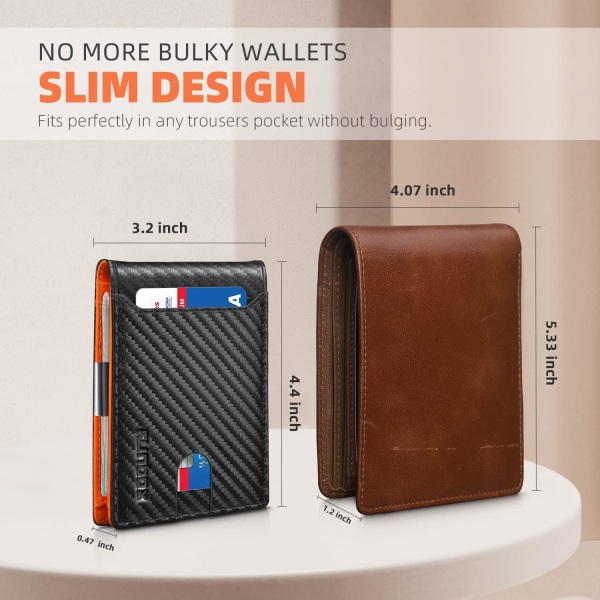 Slim-lompakot miehille - Nahkainen rahaklipsi miesten lompakko - RFID-estolla varustettu etutaskun bifold-lompakko - Minimalistinen luottokorttikotelo lahjapakkauksella Carbon Black&Orange