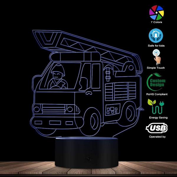 Brandbil Moderne Lys Brandvæsen Kontor 3D Optisk Illusion Natlys Brandmand LED Skrivebordslampe Lys med Farveskift