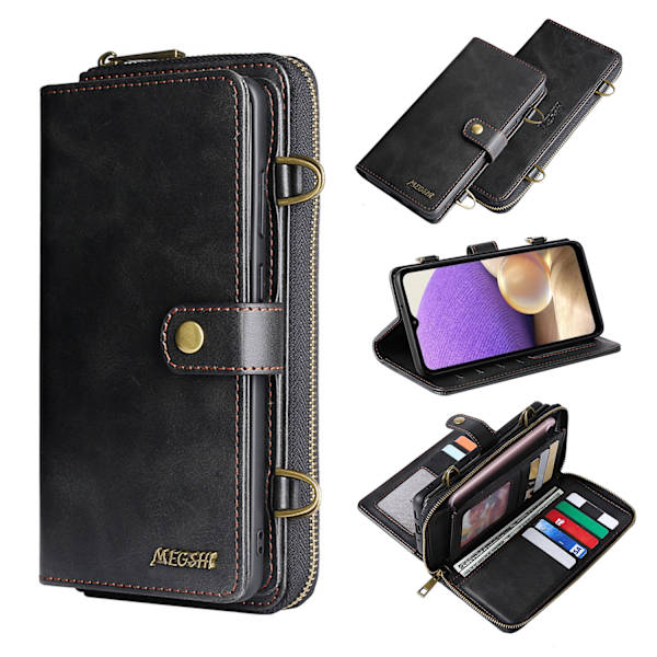 Plånboksfodral med kortfack och justerbart crossbody-snöre till iPhone 14 Pro, PU-läderfodral med stativ och kortfack