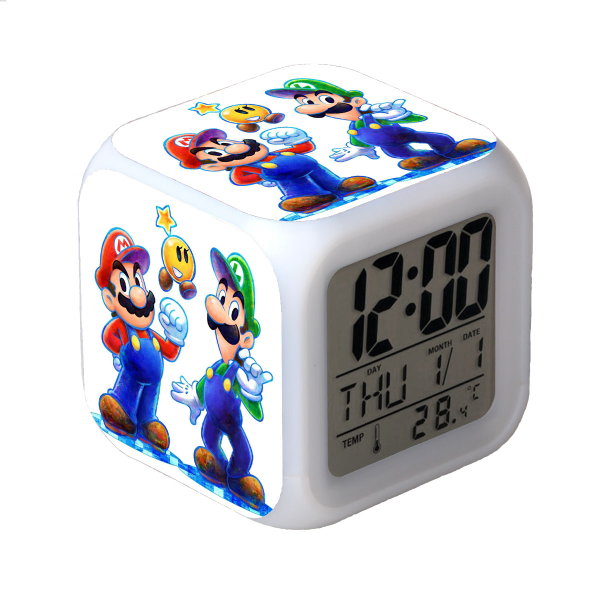 R-ajastin Super Mario Bros 7 Väri vaihdettava digitaalinen herätyskello, jossa aika, lämpötila, hälytys, päivämäärä