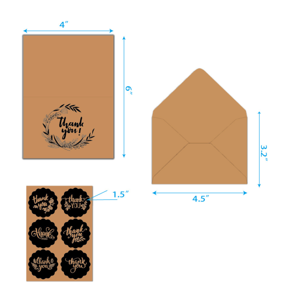 Takkekort med konvolutter - 2 sæt Premium Kraft takkekort Bulk - Takkekort med 8 yndefulde designs - 4x6