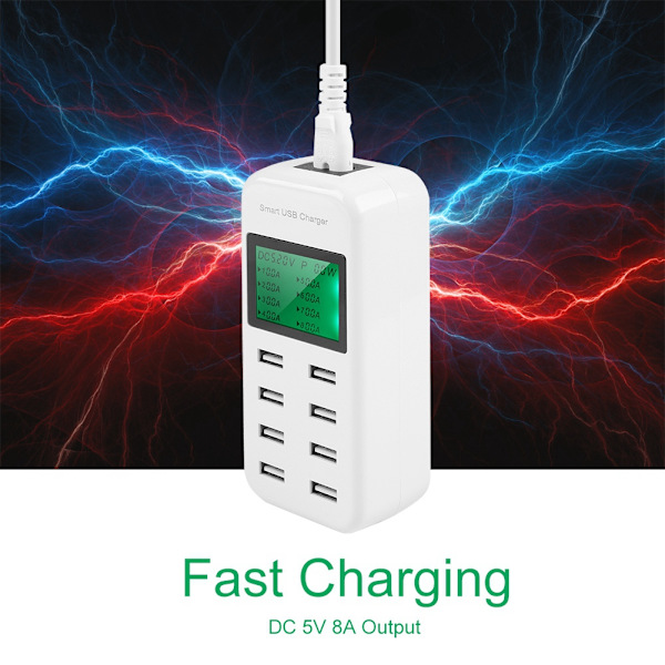 5V/8A Output Smart 8-port USB-oplader Samtidig 8-port opladning Smart USB-hub med LED