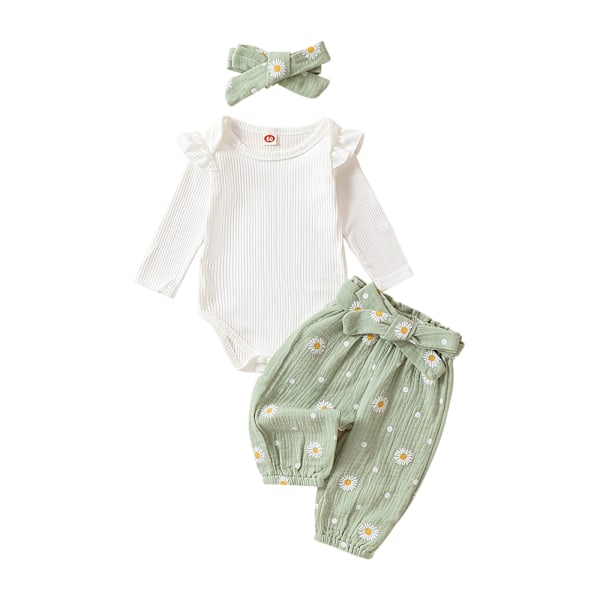Nyfödd Spädbarn Flickkläder Ribbstickad Romper Tusenskönatryck Byxor Hårband Babykläder för Flickor green 70CM