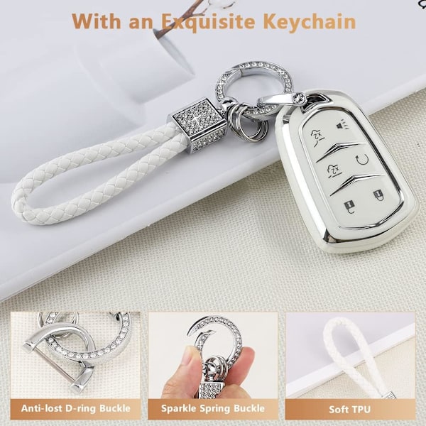 Escalade nyckelringsskydd för Cadillac 6 knappar Smart Keys fodral Proector tillbehör TPU mjuk Bling nyckelring vit silver Girly söt för Cadillac