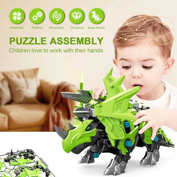 Mekaniska dinosaurie leksaker, hands craft elektronik Triceratops byggsats för barn interaktiva gående robot byggklossar set present (Triceratops)