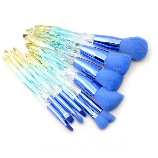 Genomskinlig kristalldiamanthandtag set, 10 färgglada glashandtag fiberhår lös puderögonborste (blå)