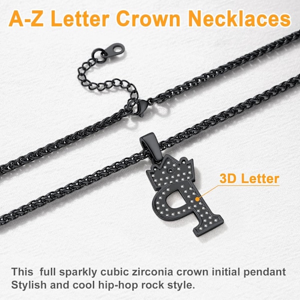 Krone Initial A-Z Halskjede, Iced Out Bokstavanheng med 22-24 Tommers Kjede, Menn Kvinner Bling Hip Hop Alfabet Navn Smykker Gave Store Initialer Halskjeder P Black