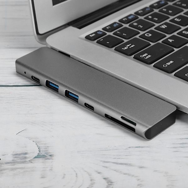 Grå 7-i-1 USB-C till Type-C 3xUSB 3.0 Hub HDMI Rj45 Ethernet Mini SDTF OTG Adapter
